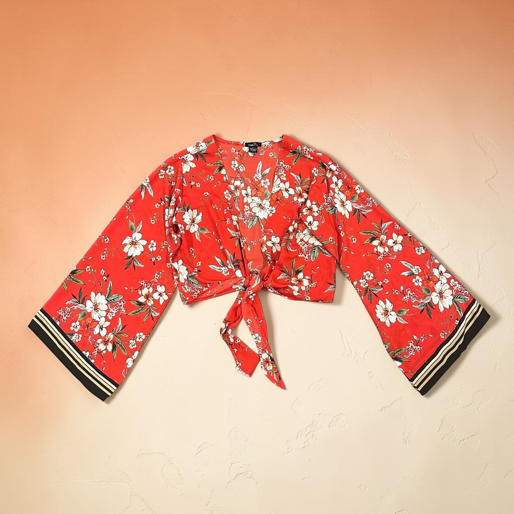 rue21 Womens Red Floral Bell Sleeve Tie Front Crop Top Boho Festival Size S